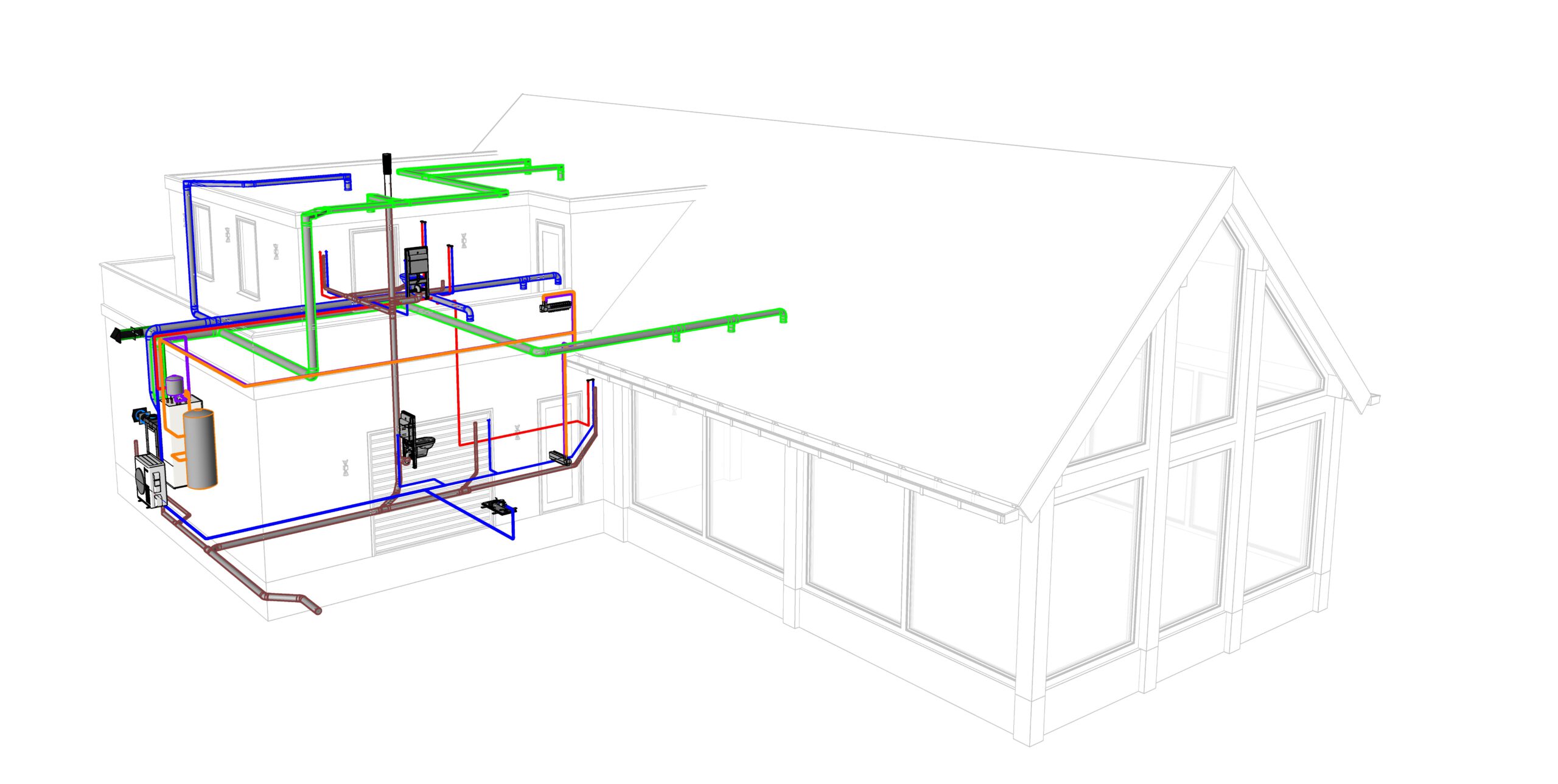 3D BIM-installatiemodel van een woning met leidingwerk voor water, riolering en ventilatie